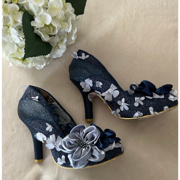 IRREGULAR CHOICE Peach Melba Vintage Floral Heels in Navy, Size 39 - Picture 3 of 12